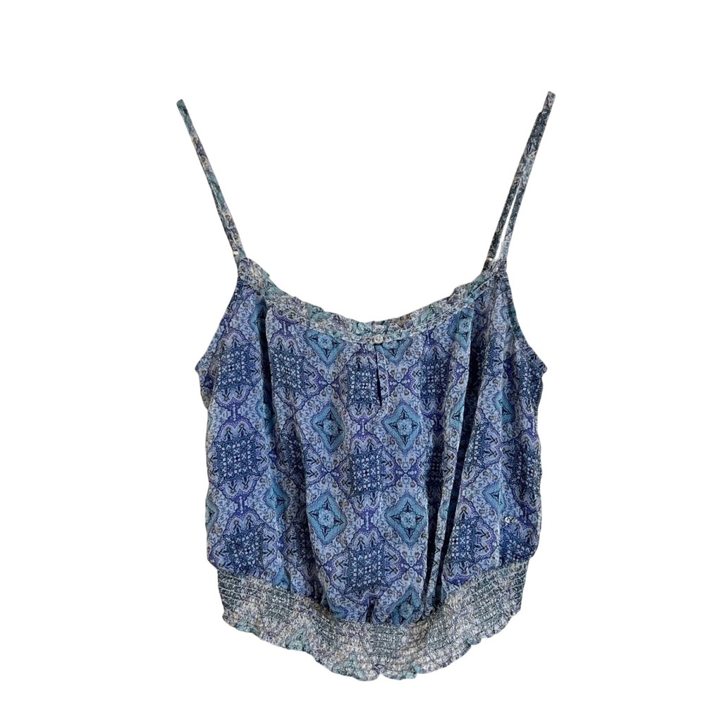 Y2K American Eagle Blue Paisley Smocked Crop Cami Shirt XS Spaghetti Boho
